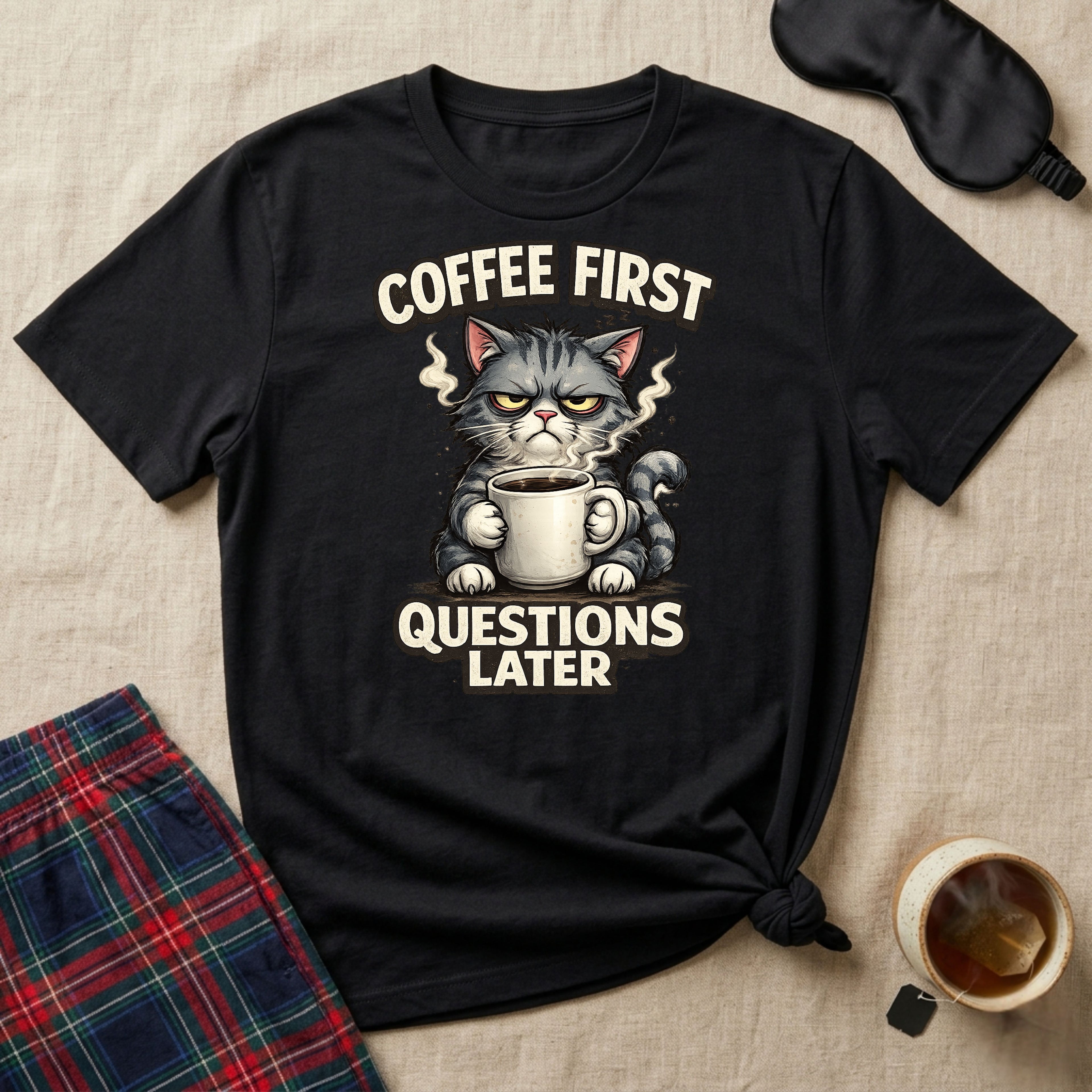Coffee First Questions Later Cat T-Shirt