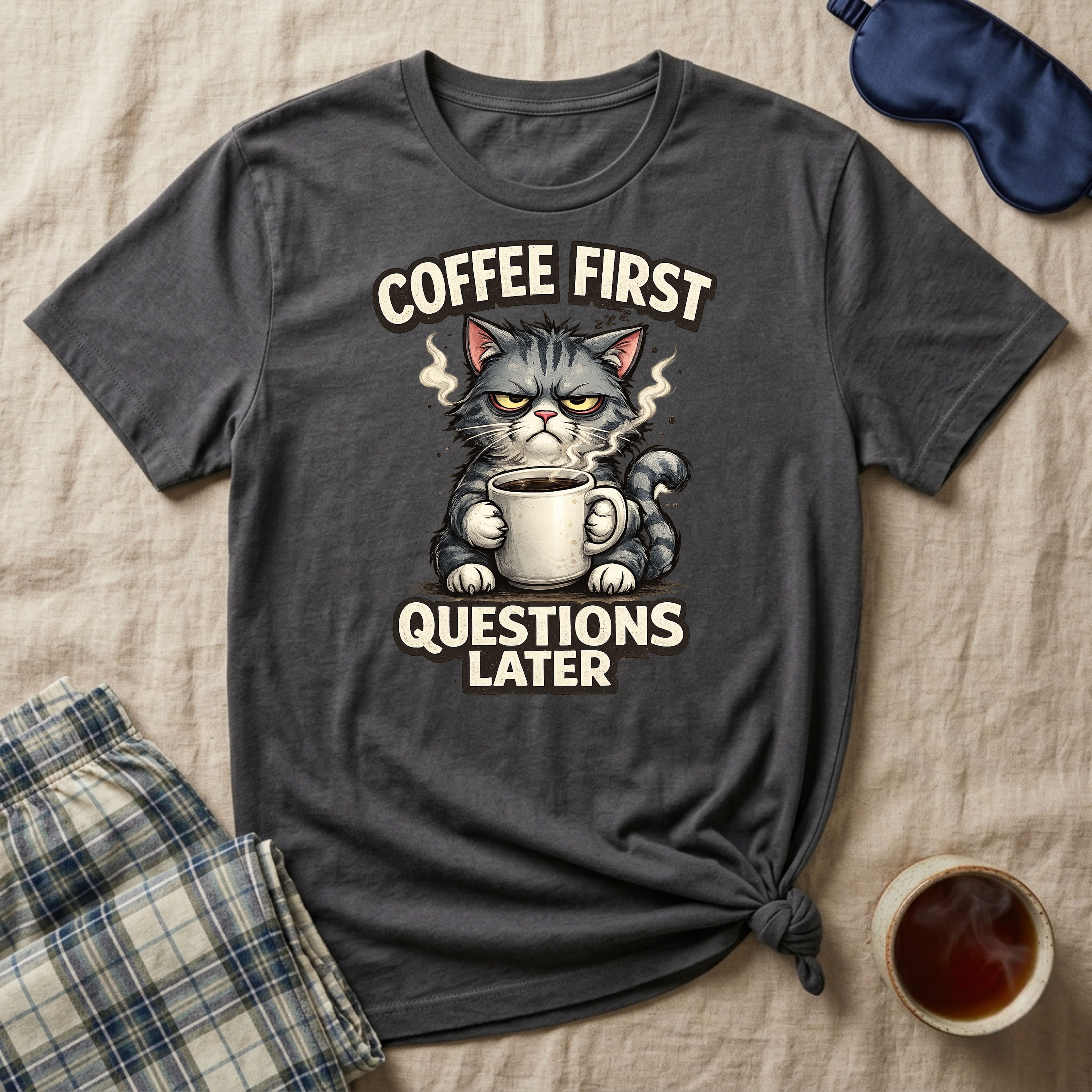 Coffee First Questions Later Cat T-Shirt