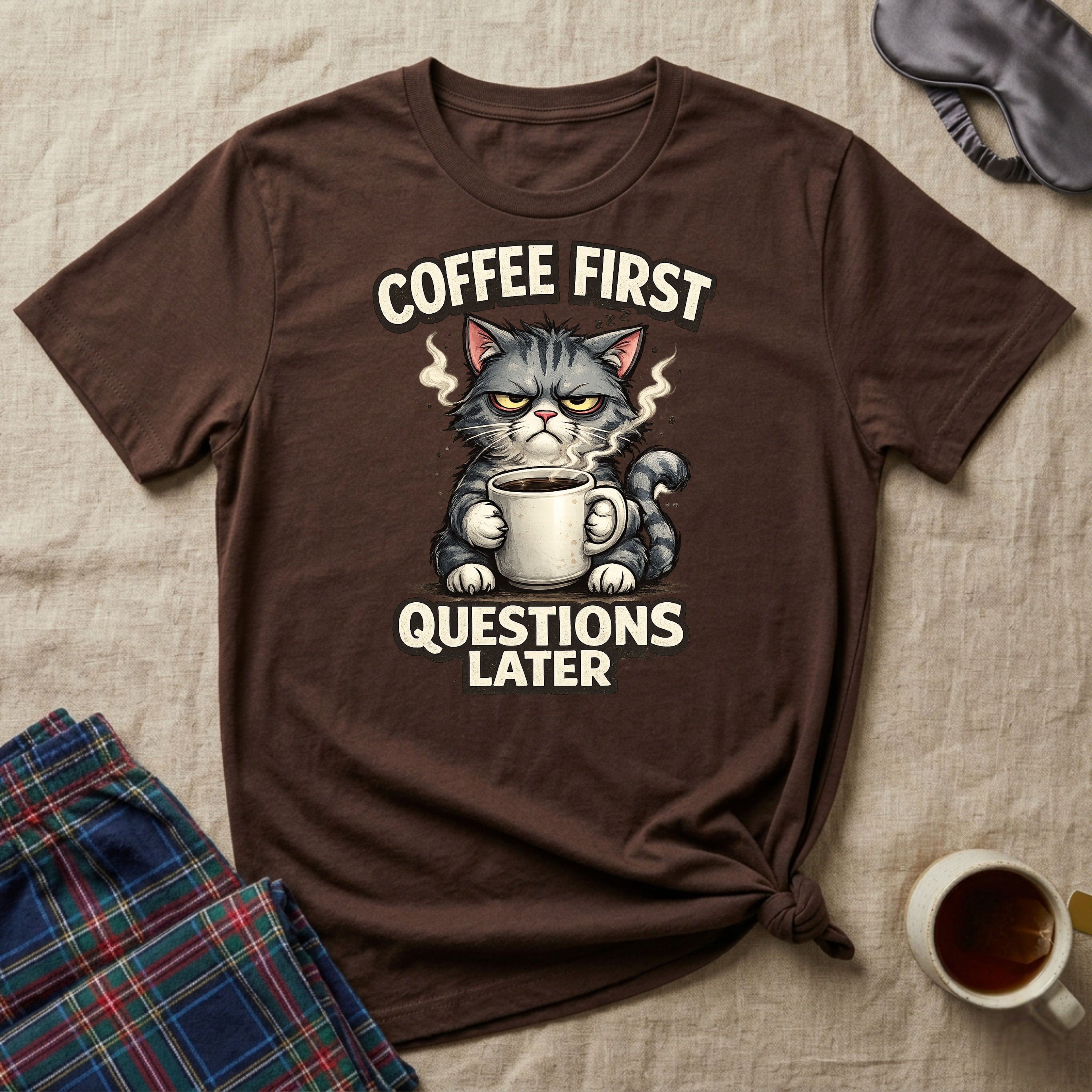 Coffee First Questions Later Cat T-Shirt