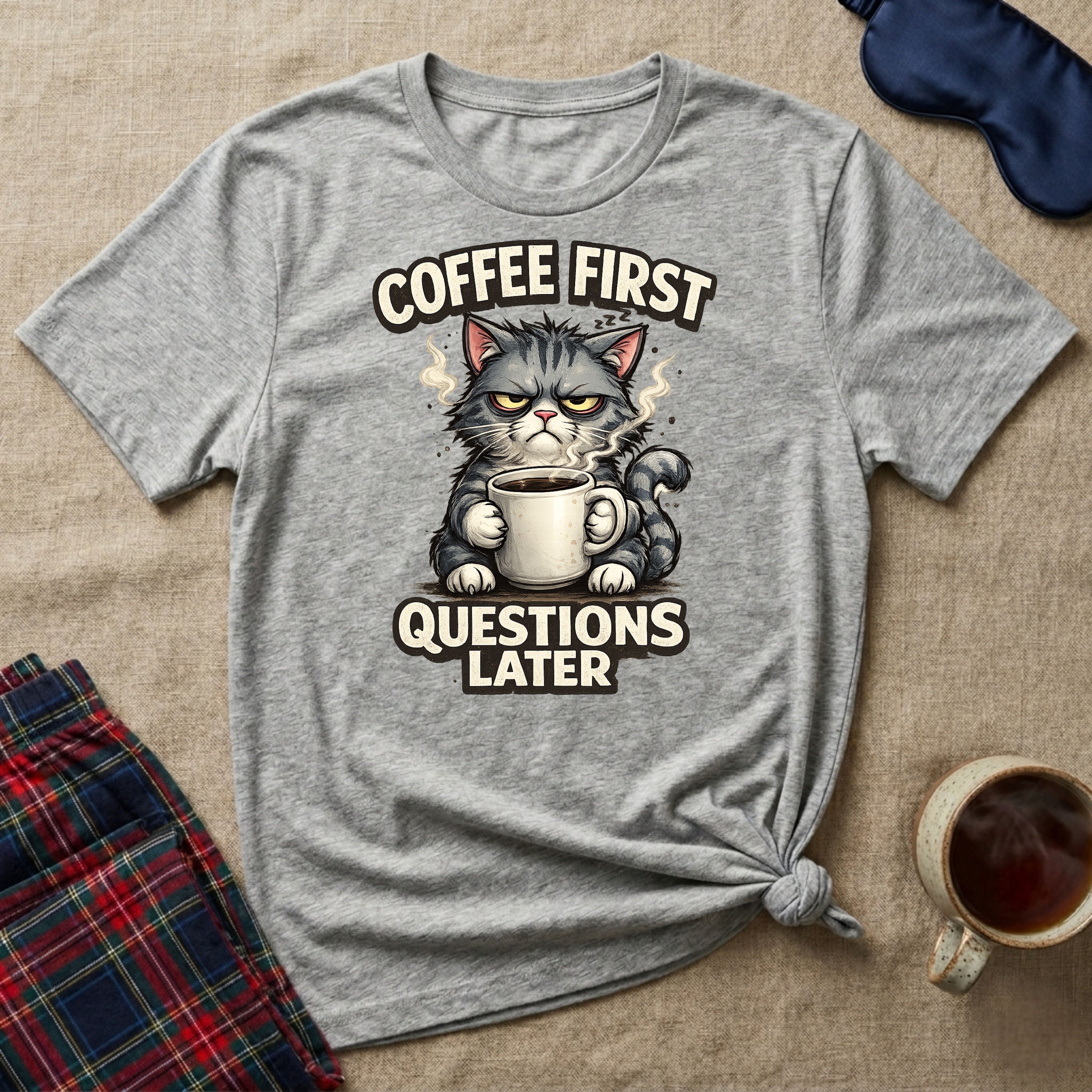 Coffee First Questions Later Cat T-Shirt