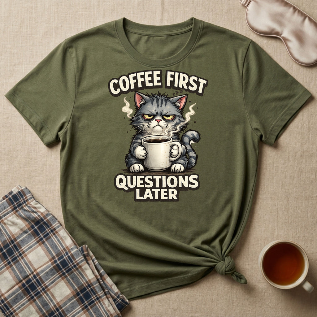 Coffee First Questions Later Cat T-Shirt