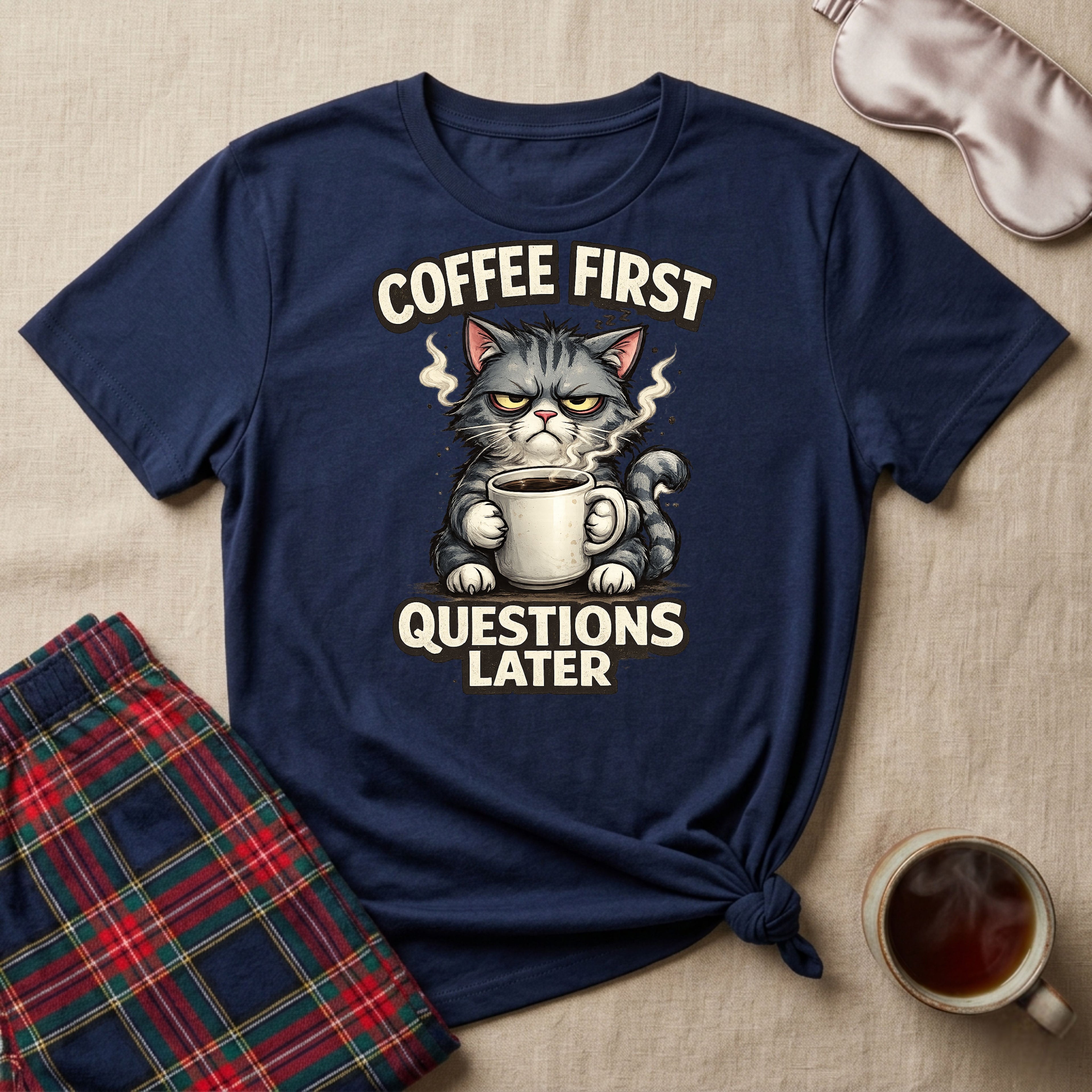 Coffee First Questions Later Cat T-Shirt