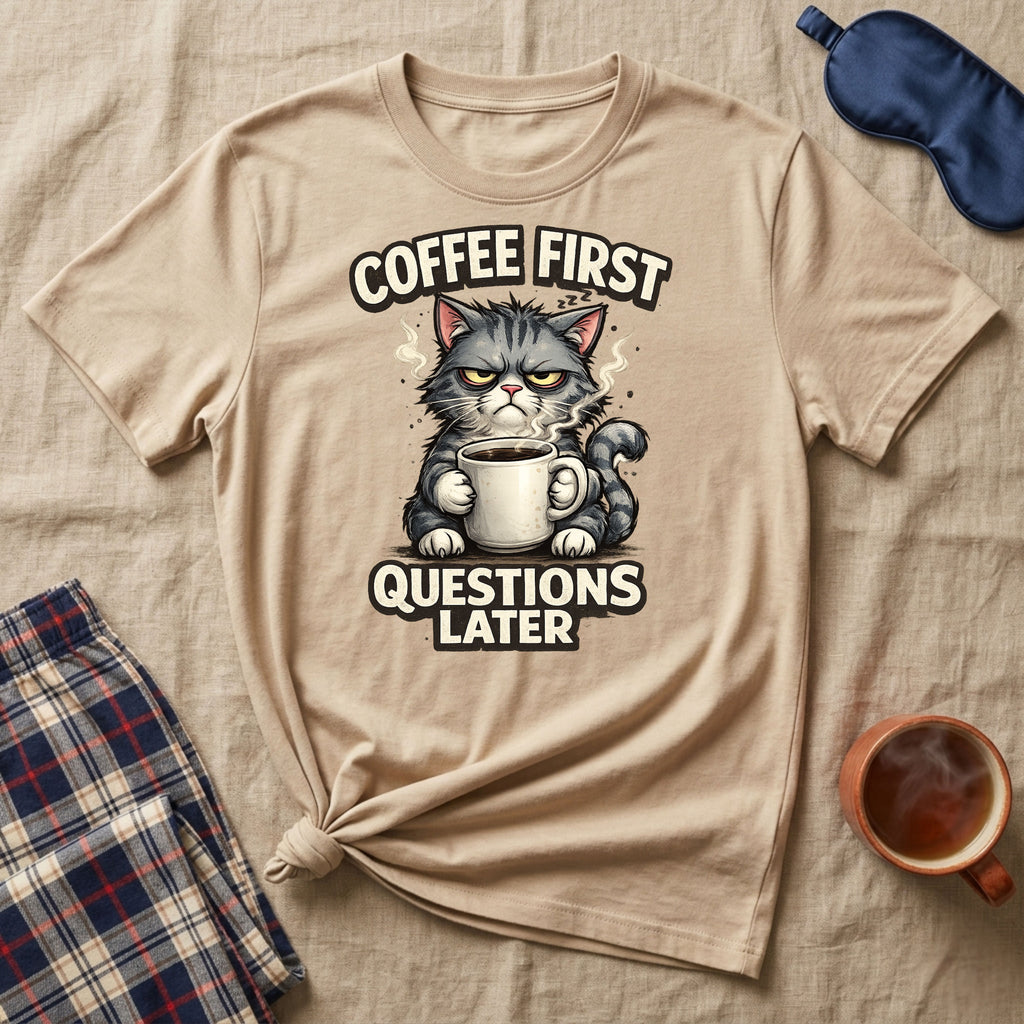 Coffee First Questions Later Cat T-Shirt