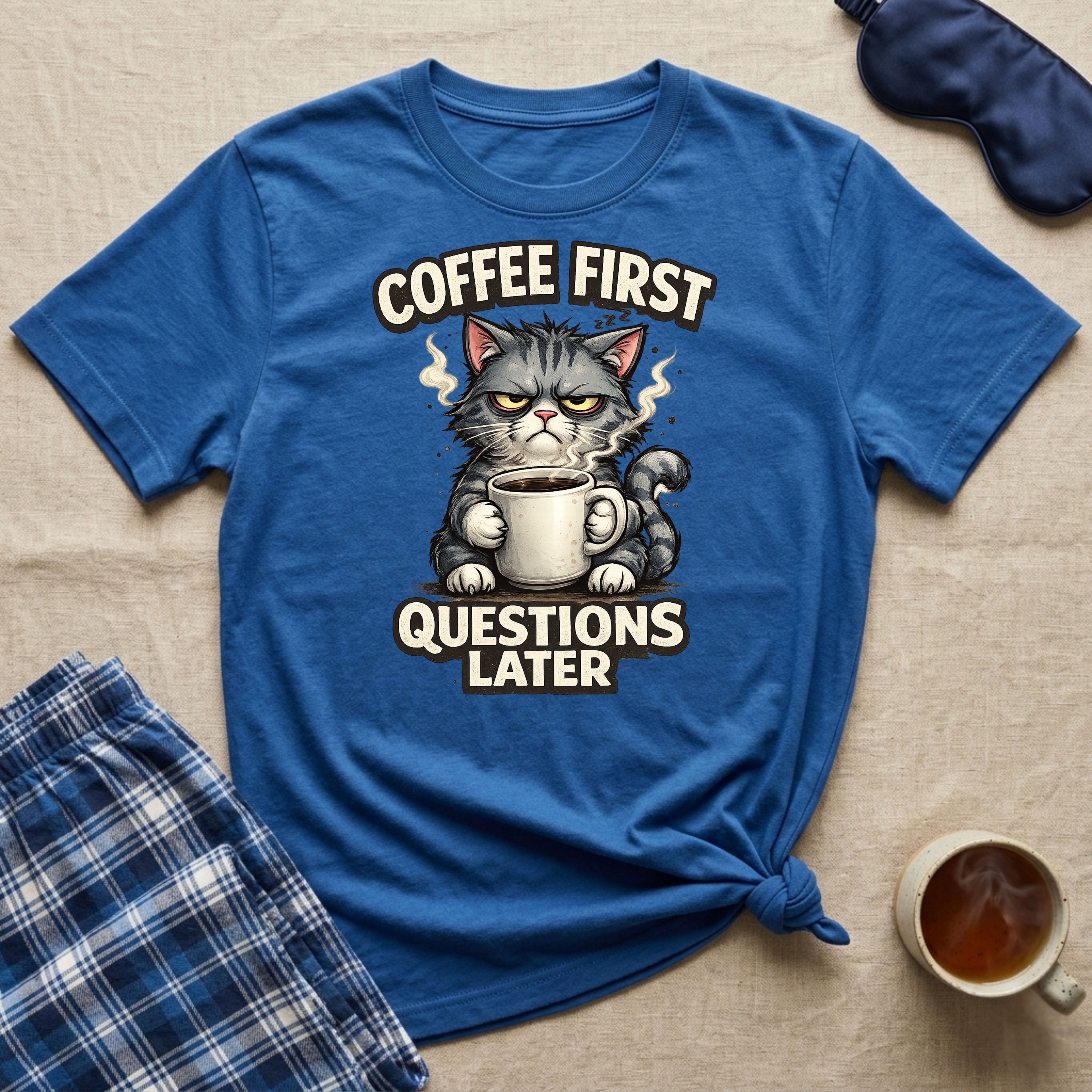 Coffee First Questions Later Cat T-Shirt