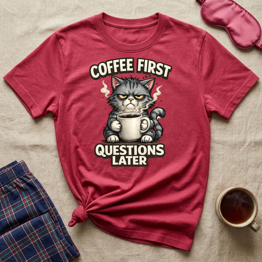 Coffee First Questions Later Cat T-Shirt