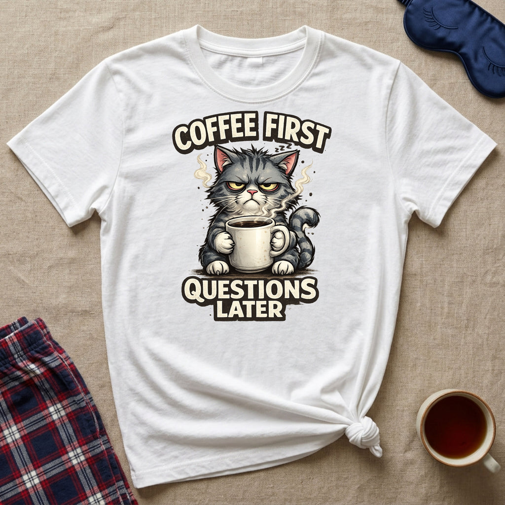 Coffee First Questions Later Cat T-Shirt